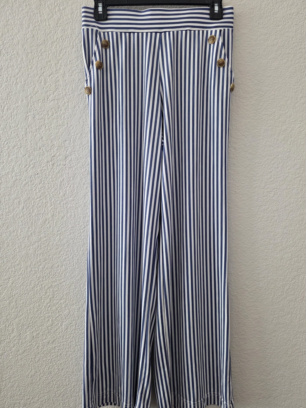 Robert Louis Navy & White Striped Wide-Leg Pants with Gold Buttons